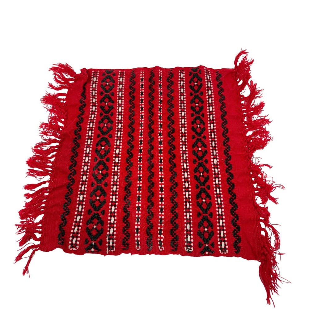 Vintage Hand Woven Red Black White Geometric Textile Mat Fringed 13"